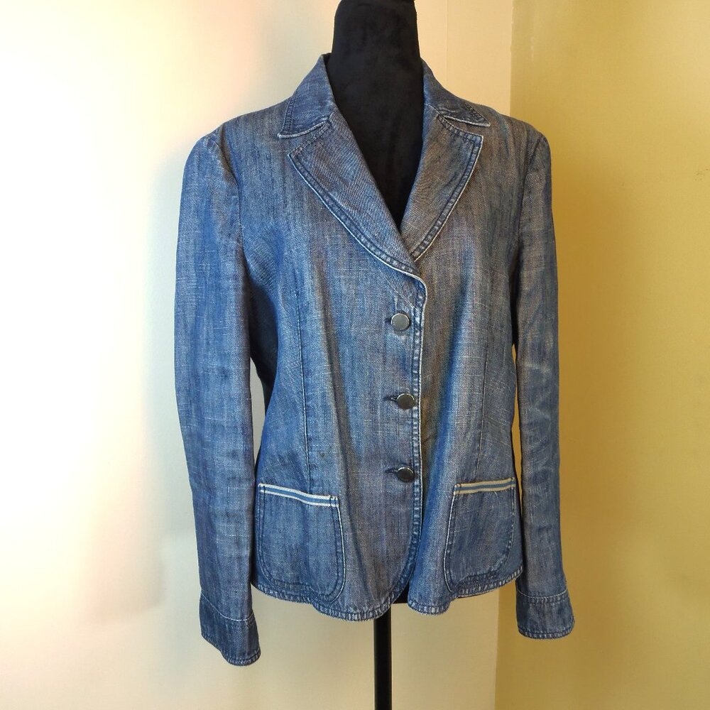 Armani Collezioni Blazer‎ Denim Jacket Women’s Size 12 Blue Bamboo Small Stain